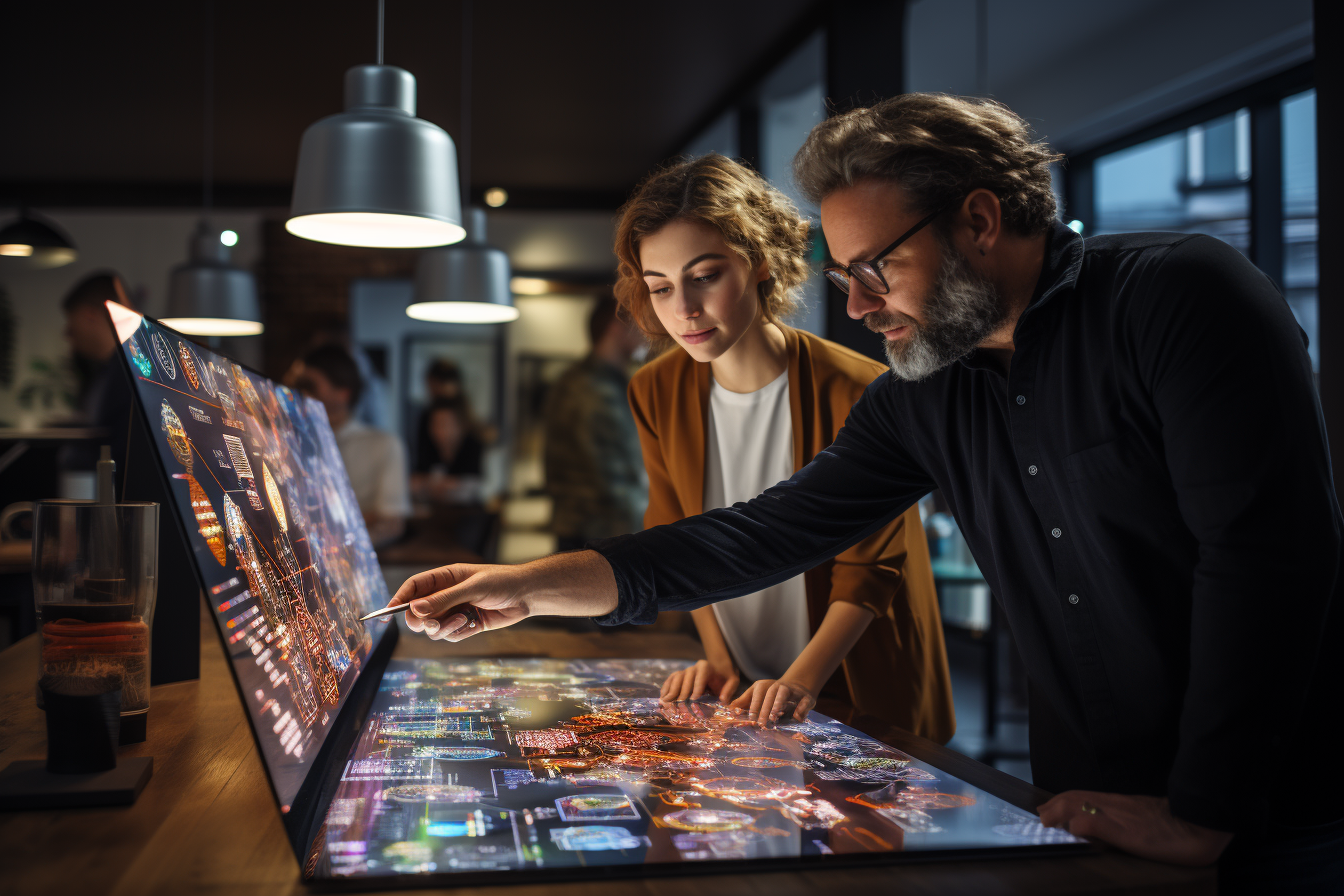 Two people work on an application together at a desk with a complicated design on a video screen.