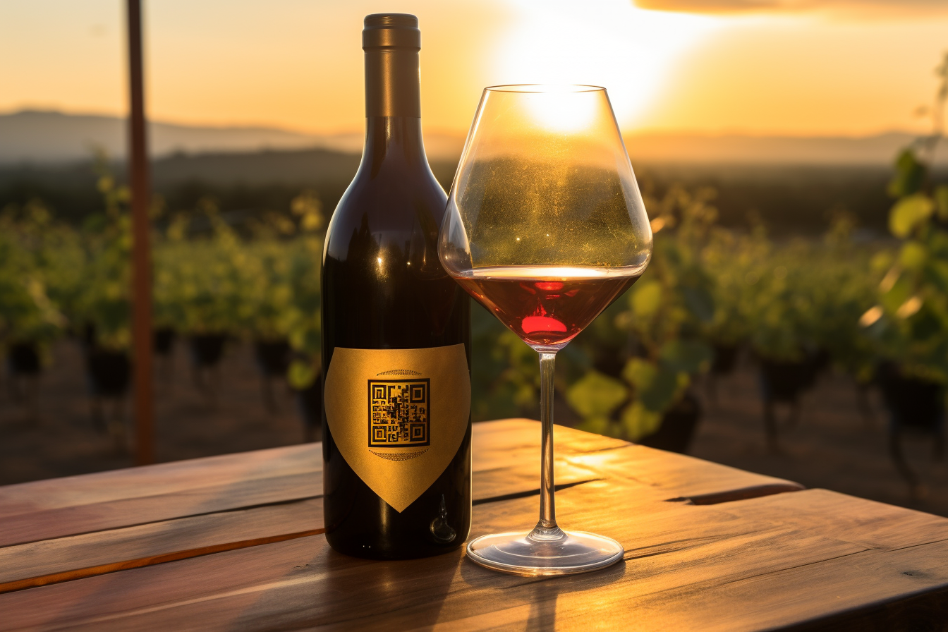 A bottle of wine with a QR code on the label sits beside a glass of red wine on a wood table with a vineyard in the background.