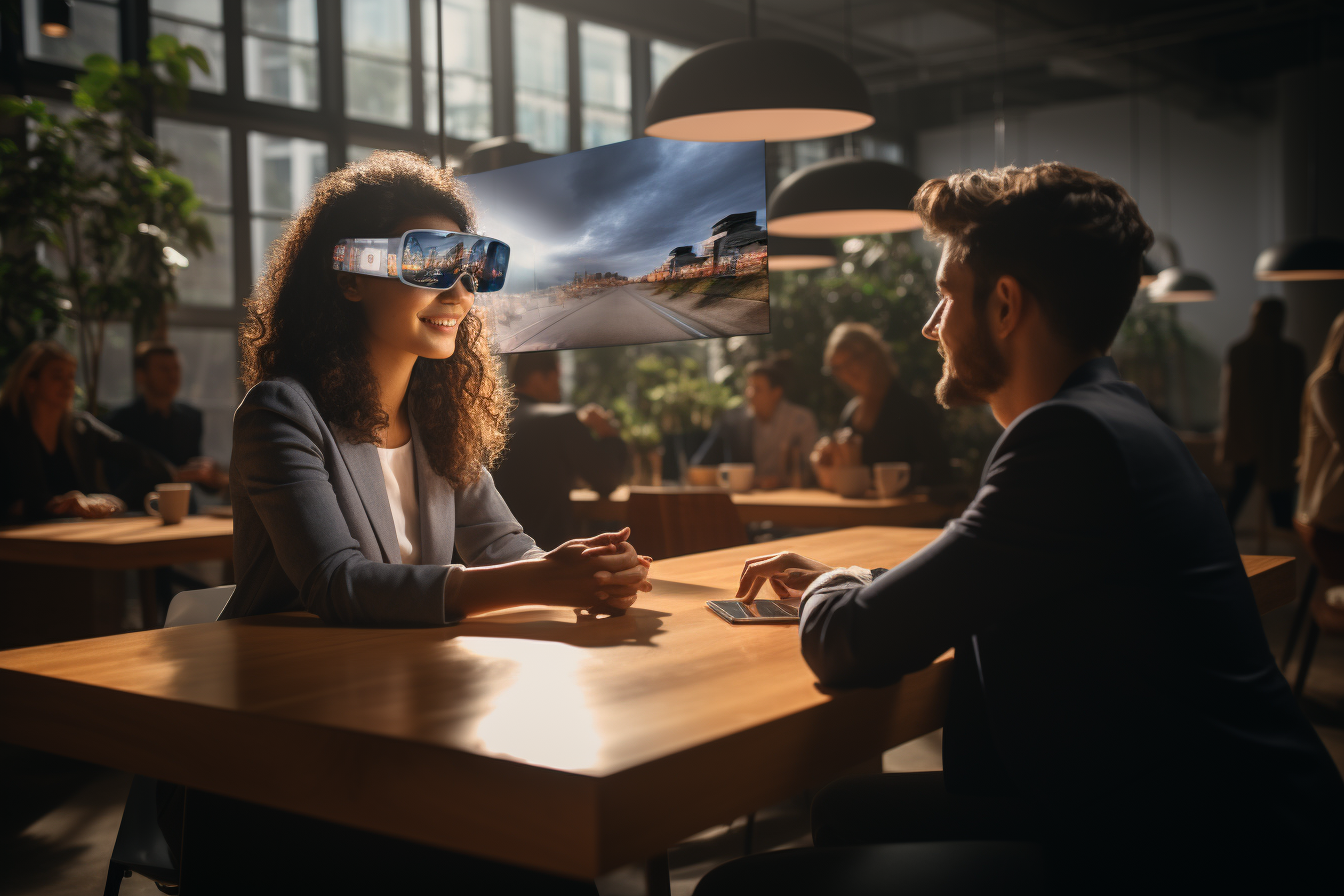 Two people, one being interviewed using VR glasses.