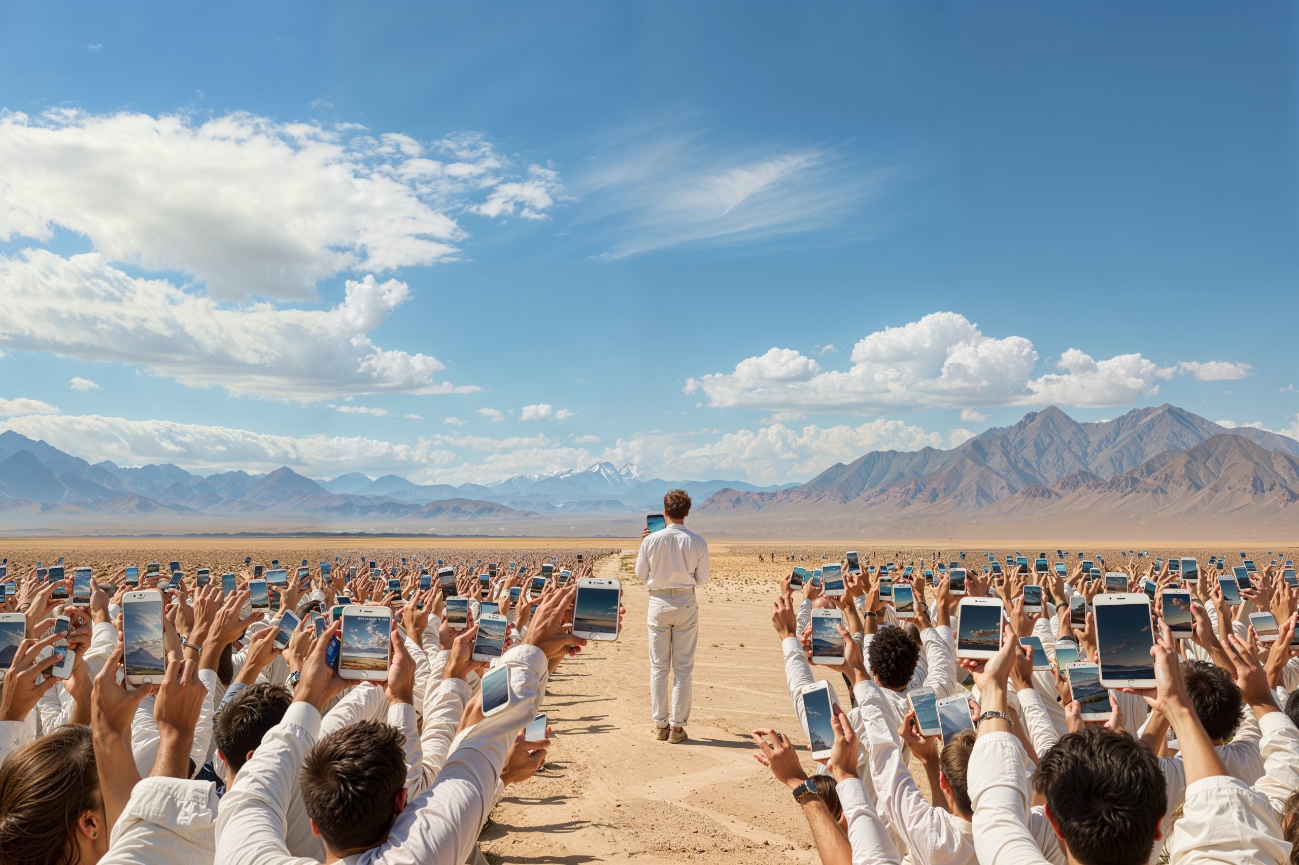 A group of people in a vast landscape all holding up their phones to try and capture it.