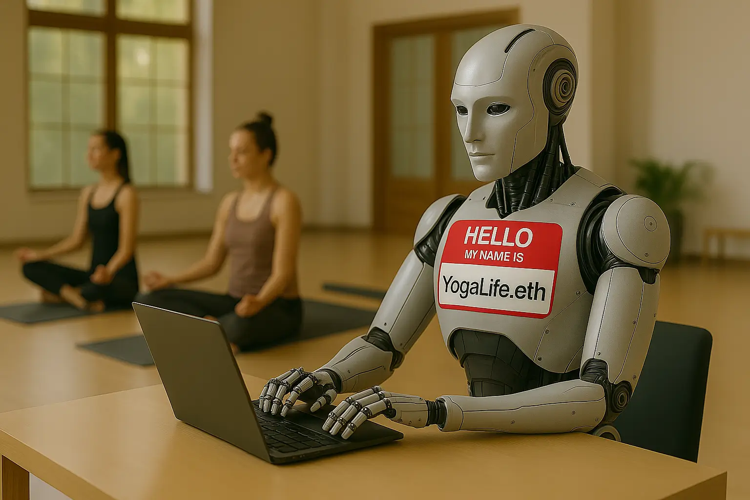 A robot whose name is yogalife.eth works at a laptop while two people do yoga in the background