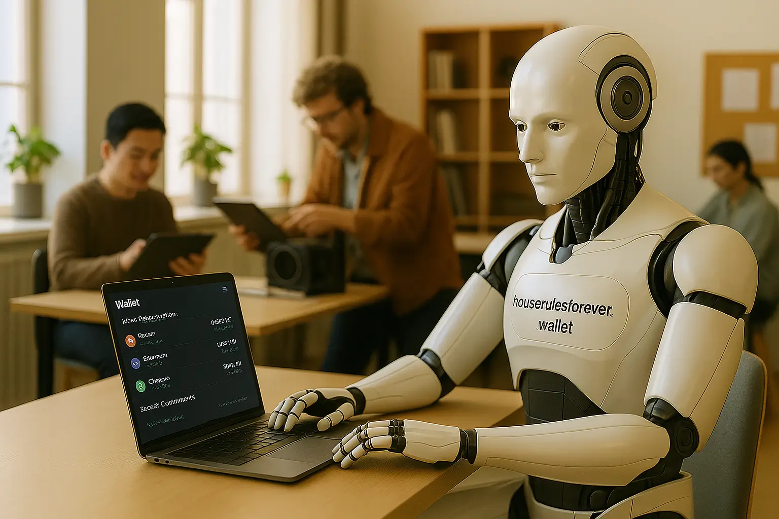 a robot works on a laptop while the rest of its team works busily in the background.