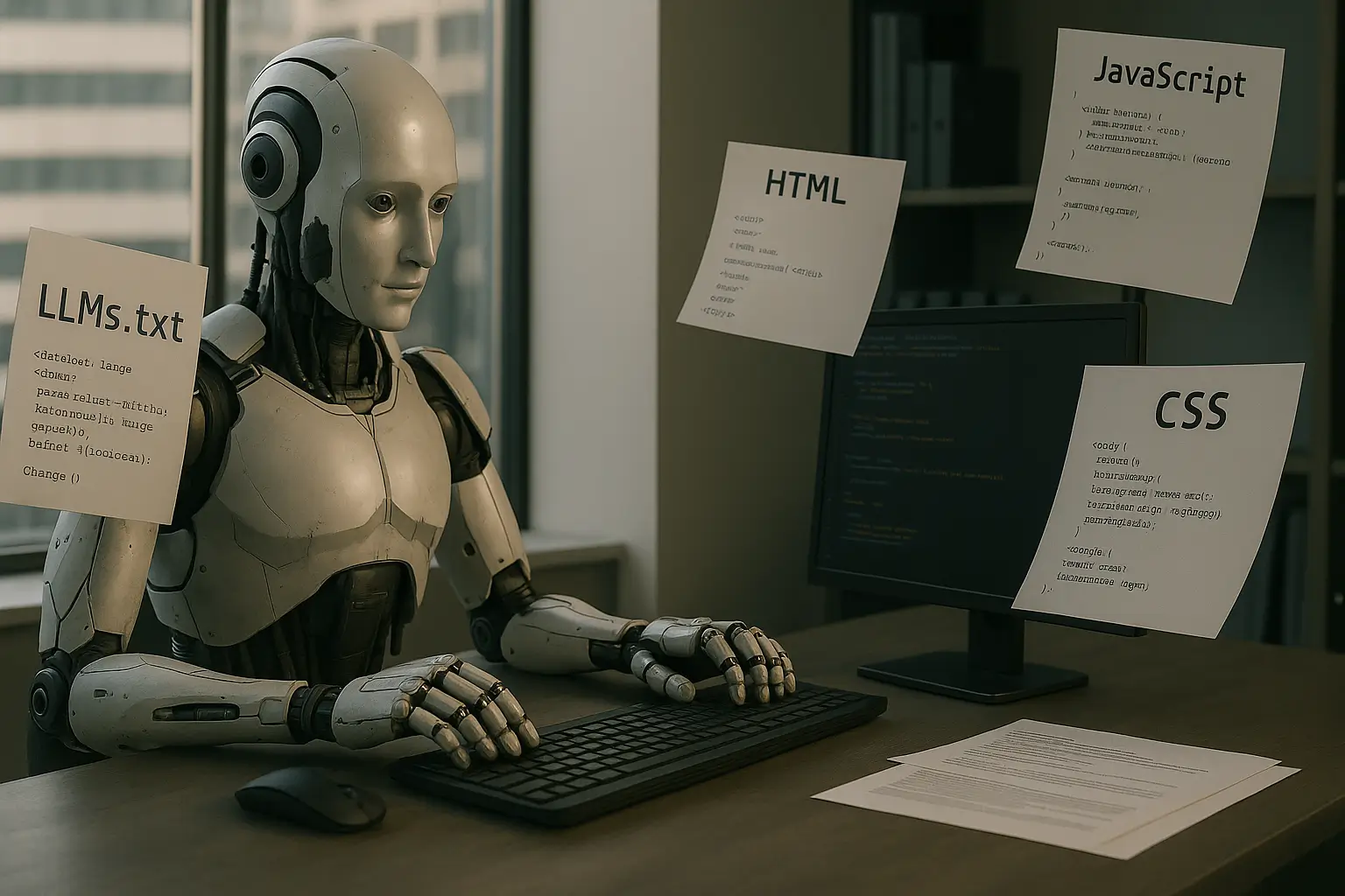 A robot works on its laptop while pages of html, css, javascript float around and the page closest to it- represents an llms.txt to help it understand.