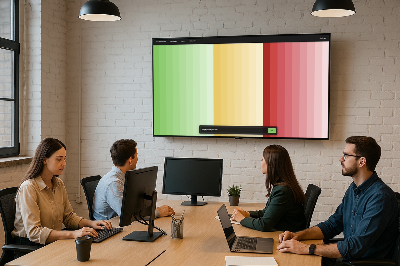 A group of colleagues sit working and watching the Vibroscope app on a large screen.