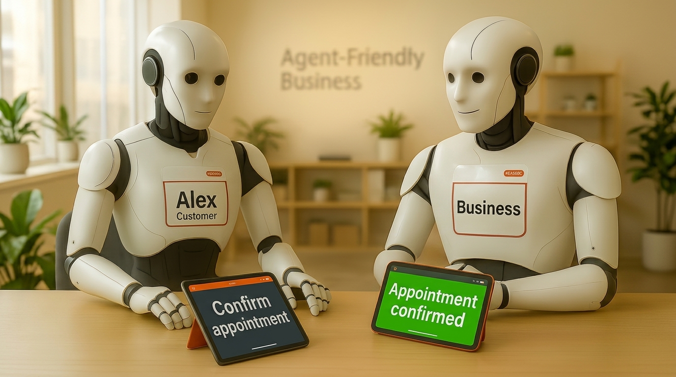 Two humanoid robots sit across from each other at a table in a modern, plant-filled office labeled "Agent Friendly Business." One robot wears a name tag that says “Hello, I represent Alex (customer)” and holds a tablet that reads “Confirm appointment.” The other robot’s name tag says “Hello, I represent the business” and displays a tablet with the message “APPOINTMENT CONFIRMED” in green. The scene illustrates AI agents independently handling a booking interaction.