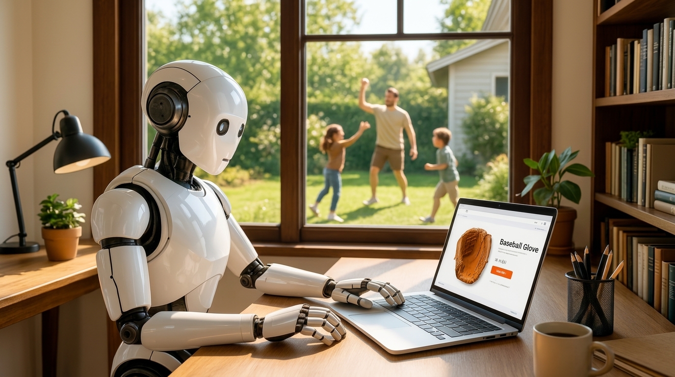 A robot at its desk orders a new baseball glove online while a family plays ball without gloves out in the yard.