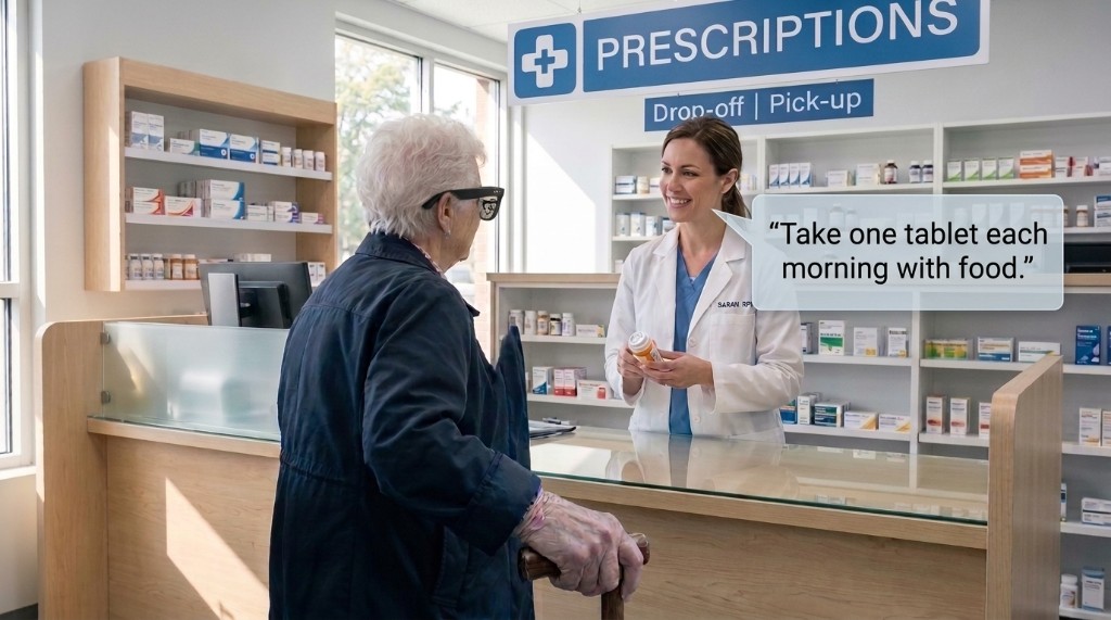 An older customer with a cane stands at a pharmacy counter while a pharmacist holds a pill bottle. A speech bubble shows garbled dosing text, Takeoneetableteeachmorninggwithhfoood.