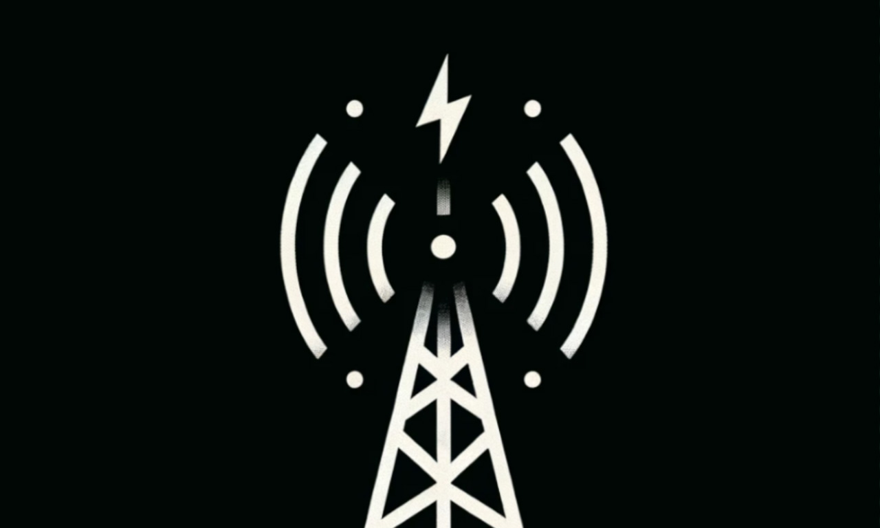 Transmitter Studios tower Icon, in a wide format. White on black.