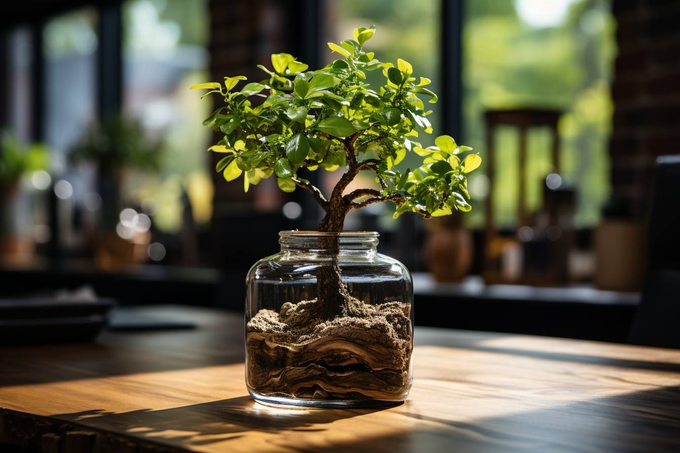 A small tree growing out of a glass jar on a wood desk in a sunny creative office.