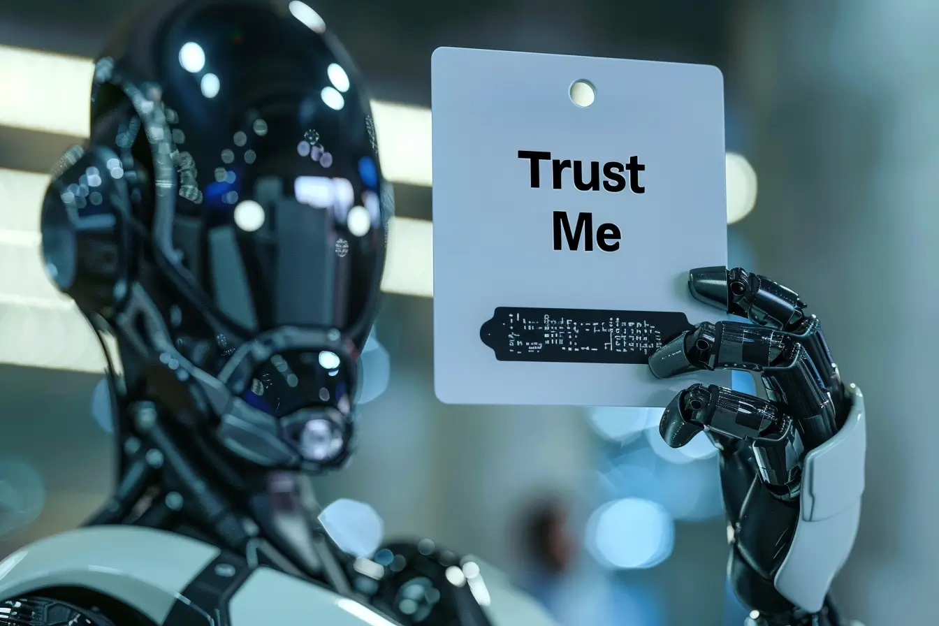 A robot holds an ID card that reads "Trust Me"